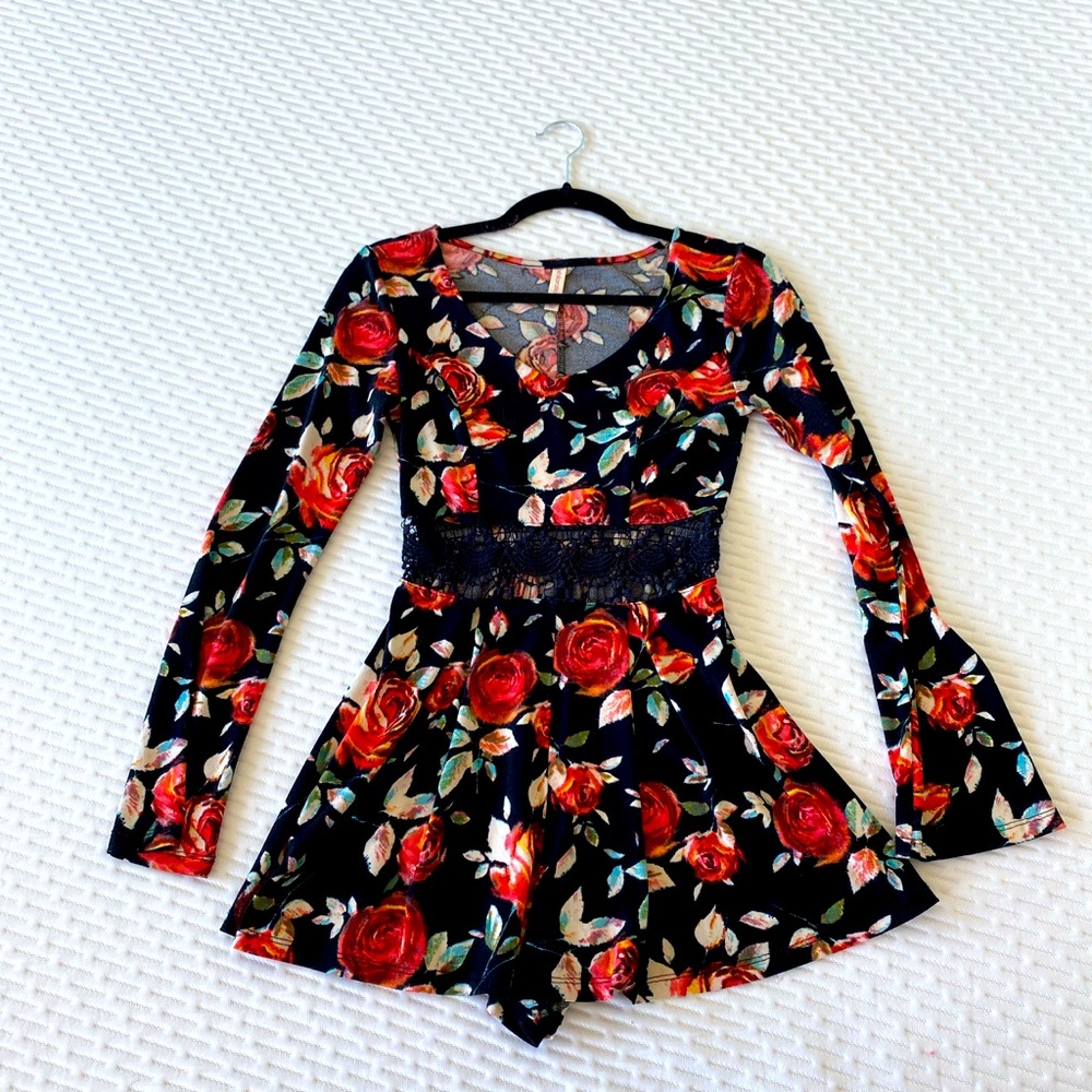 Dark floral romper with lace midriff cutout